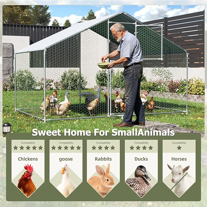 Large Metal Chicken Coop,19.7x9.8x6.4 FT Chicken Run for Yard with Waterproof & Anti-UV Cover,Walk in Chicken Pen with Feeding Door (6.6 * 9.8 * 6.4 ft)