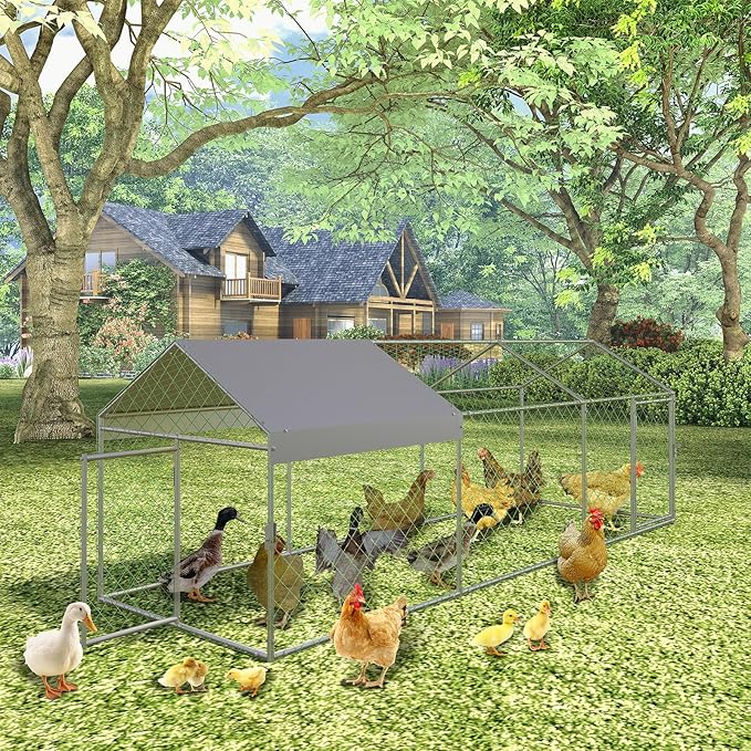 Garvee Large Metal Chicken Coop with Run, 120 in x 40 in x 40 in Chicken Run with Cover, Outdoor Walk in Poultry Cage, for Small Animals Duck Rabbit Hen Chicken Supplies - Silver