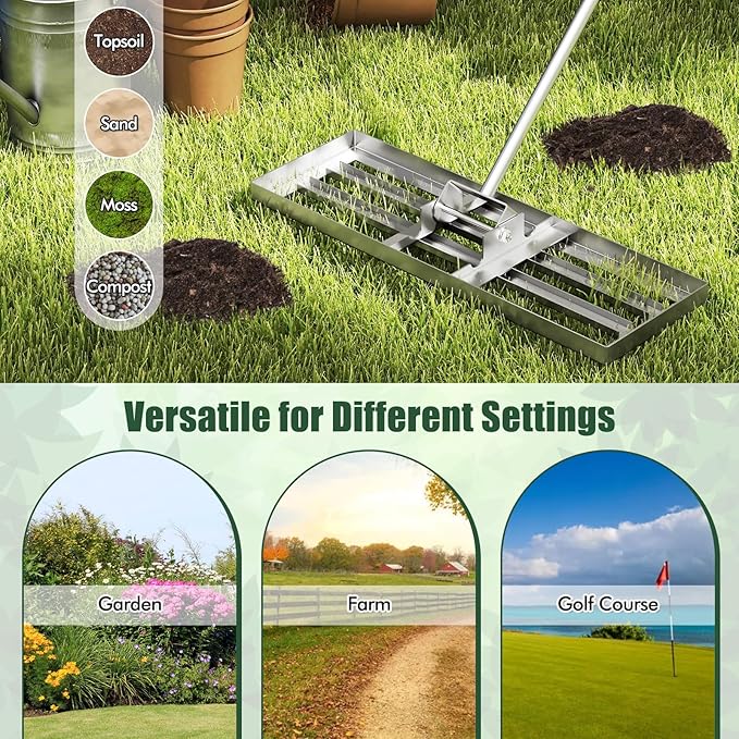 Happygrill Lawn Leveling Rake, Heavy Duty Lawn Level Tool for Soil w/67” Handle, Dirt Ground Leveler, Effort-Saving Landscape Rake for Garden, Backyard, Golf Course, Farm, Pasture (30" x 10", Silver)
