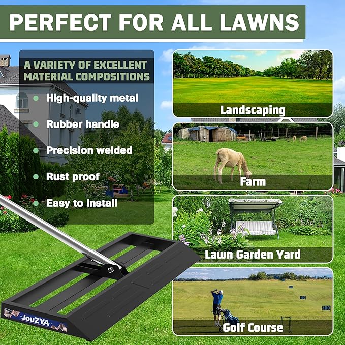 Lawn Leveling Rake 45x10 inch, Leve Lawn Tool with Stainless Steel, Lawn Leveler 27-80" Adjustable Handle, Yard Leveling Rake Heavy-Duty for Garden, Golf Course, and Farm