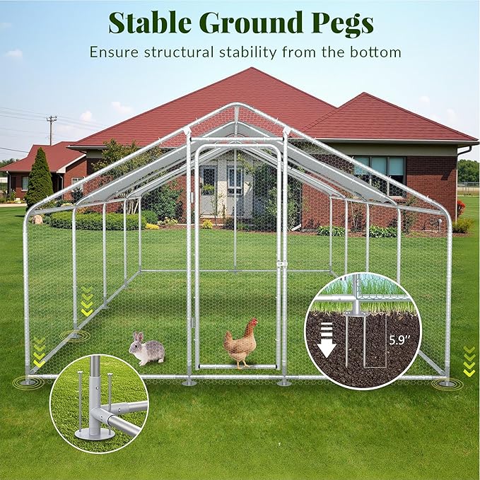 GOJOOASIS Large Chicken Coop Run Walk-in Metal Poultry Cage Outdoor Backyard Hen House with Roof Cover (10'L x 20'W x 6.6'H)
