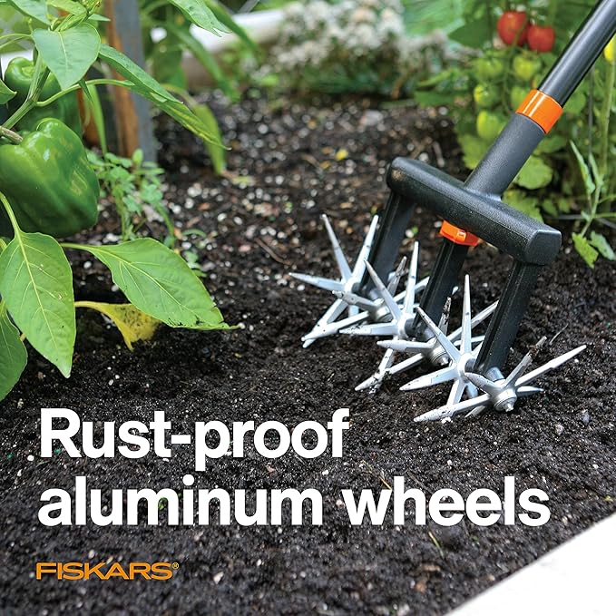 Fiskars Tiller Cultivator for Garden and Lawn, Extendable (40"- 60") Gardening Hand Tool, Telescoping Rotary Hand Cultivator Tool for Soil or Reseeding Grass