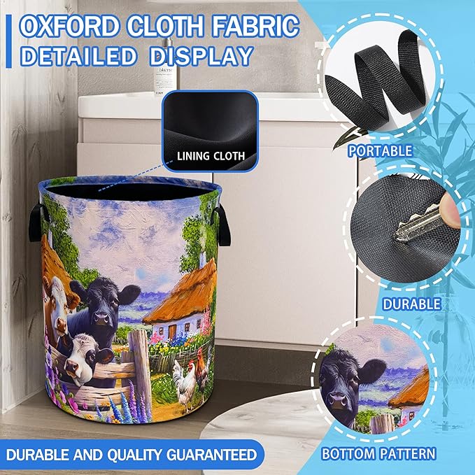 Farm Cow Chicken Laundry Basket Oxford Cloth Beautiful Laundry Hamper With Handle Foldable Portable Clothes Storage Basket 18.9 X 16.5 In Storage Bag For Laundry Room/Bathroom/Bedroom/Dormitories