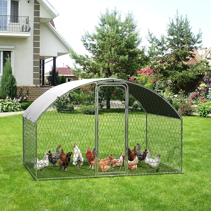 Large Metal Chicken Coop, Walk-in Poultry Cage, Chicken Run Pen House with Waterproof & Anti-Ultraviolet Cover Chicken Coop Run with Lockable Doors for Outdoor and Backyard 9.8 x 6.5X 6.5ft