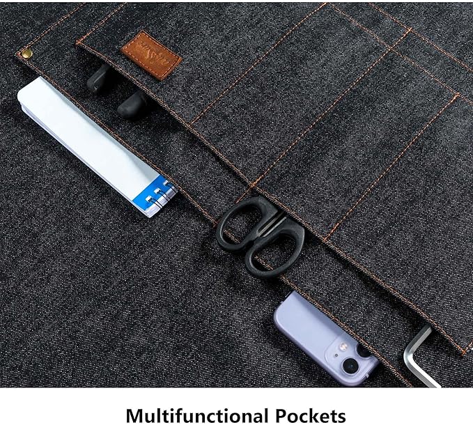 Denim Apron with Pockets Tall Bib Apron Large with Long Ties Adjustable - Gifts for Men Women