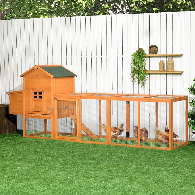 PawHut 118" Extra Large Chicken Coop with Asphalt Roof, Wooden Hen Run with Slide-Out Tray and Nesting Box, Chicken Hutch for 3-6 Chickens, Orange