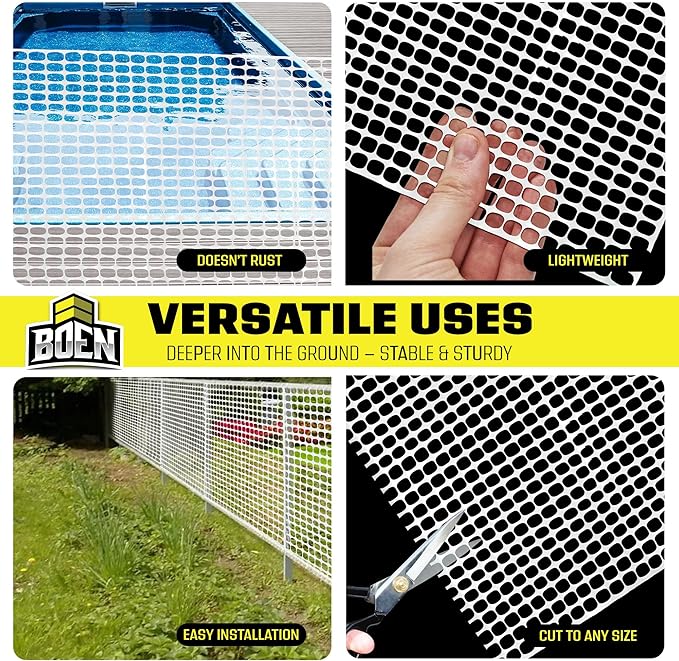 BOEN 4' x 50' White Temporary Fencing, Mesh Snow Fence, Plastic, Safety Garden Netting, Above Ground Barrier, for Deer, Kids, Swimming Pool, Silt, Lawn, Rabbits, Poultry, Dogs
