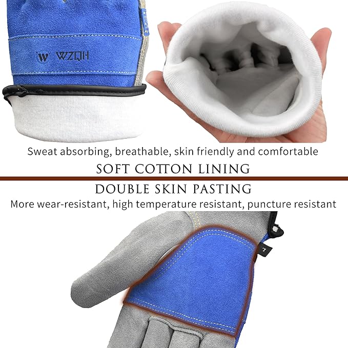 Leather Work Gloves for Men or Women. X-Large Glove for Gardening, Tig/Mig Welding, Construction, Chainsaw, Farm, Ranch, etc. Cowhide, Cotton Lined, Utility, Firm Grip, Durable. Blue-Grey XL