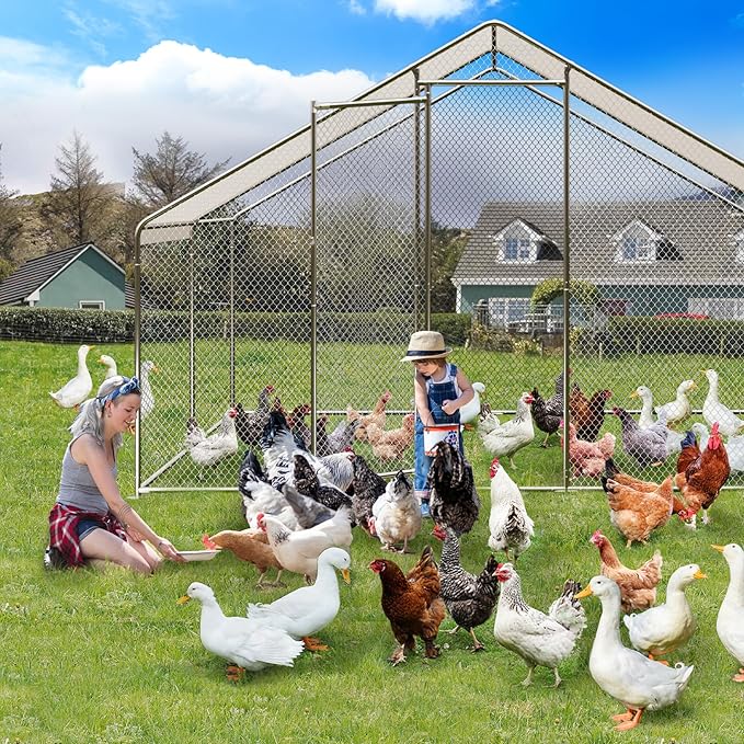 Large Metal Chicken Coop with Waterproof Cover, 10 x 20 x 6.5 Ft Walk-in Chicken Runs for Yard, Galvanized Wire Poultry Chickens Hen Pen Cage for Backyard Farm