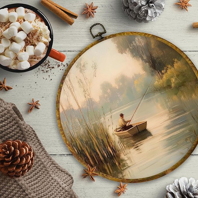CUANFDDSF Vintage Fishing Round Wall Art, Fisherman In Rowboat Sunset Landscape Framed Hanging Wall Decor, Countryside Cottagecore Canvas Prints Decorations for Lake House Room, 10x10 Inch