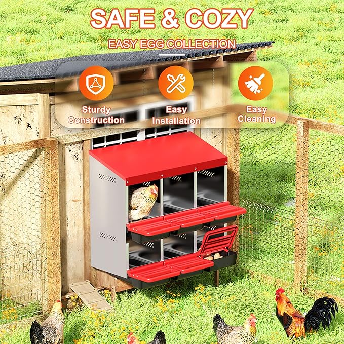 Two-Tier Chicken Nesting Box, Metal Chicken Egg Laying Box with Swing Perch and Rollout Egg Collection for Chicken Coop Red 6 Hole