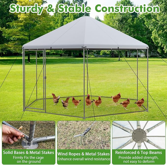 Giantex Large Metal Chicken Run, 13ft Hexagon Walk-in Chicken Coop with Waterproof Cover, Heavy Duty Steel Frame, 12 Stakes, Outdoor Poultry Cage House Chicken Pen Hen Duck Habitat for Farm Yard
