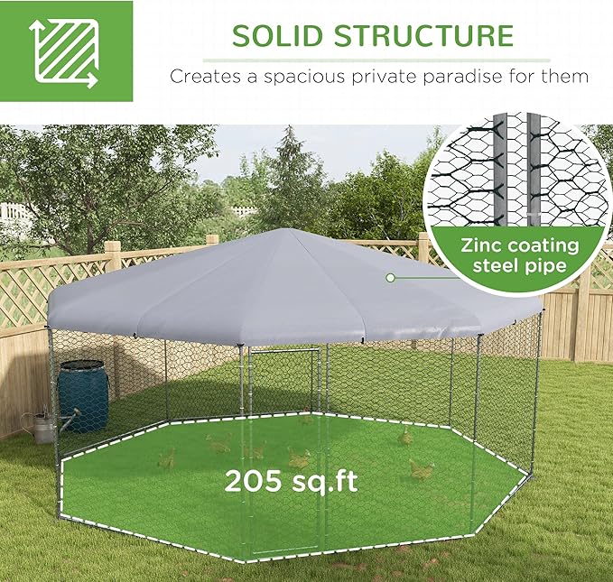PawHut Large Chicken Coop Metal Chicken Run for Chickens with Waterproof and Anti-UV Cover, Polygon Shaped Walk in Fence Cage Hen House for Outdoor and Yard Farm Use, 1" Dia, 17.1' x 15.7' x 9'