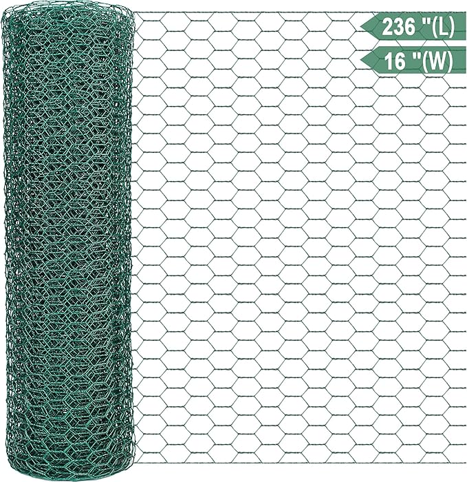 Chicken Wire Netting 16 x 236 Inch Green Hexagonal Galvanized PVC Coated Fencing Mesh for Garden, Poultry Barrier, Floral Arrangements and Crafts