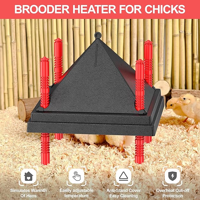 Chick Brooder Heating Plate with Anti Stand Cone, Adjustable Height Brooder Heater for Chicks, Downward Heat Distribution for Outdoor Barns & Coops (10" x 10" with Temp. Adjustments & Black)