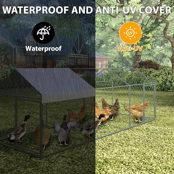Large Metal Chicken Coop Run for 8-12 Chickens, Chicken Runs for Yard Run Hen House with Waterproof Anti-UV Cover, Portable Chicken, Coop for Outdoor Chicken Rabbit Duck, Silver, 120"×40"×40"