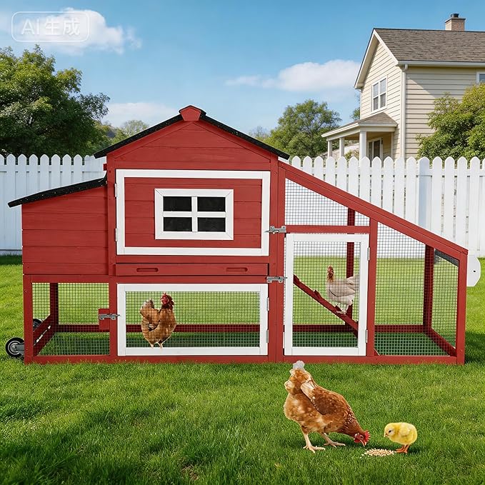 Chicken Coop with Wheels, Outdoor Chicken Tractor with Leak-Proof Tray, UV-Resistant Roof & Nesting Box for Chickens, Ducks, Rabbits