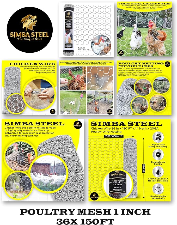 Chicken Wire 36 in x 150 FT x 1” Mesh x 20GA | Poultry Wire Netting | Hot Dipped Galvanized | Chicken Coop, Rabbit Cage, Fence Barrier (36 x 150 x 1)