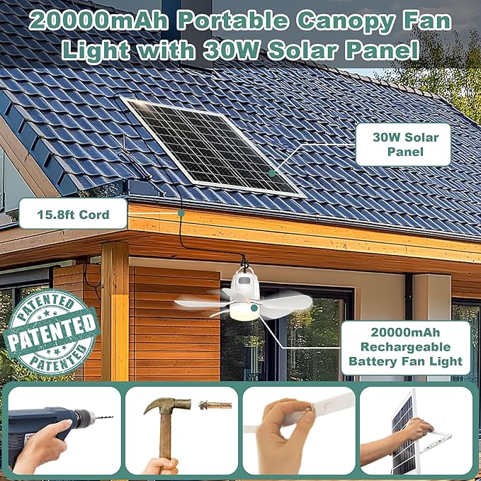 Solar Ceiling Fan Light, 20000mAh Portable Gazebo fan with 30W Solar Powered Fan with Remote Control, Outdoor Ceiling Fan with Light for Patios, Canopy, Shed, RV, Porch and Chicken Coop