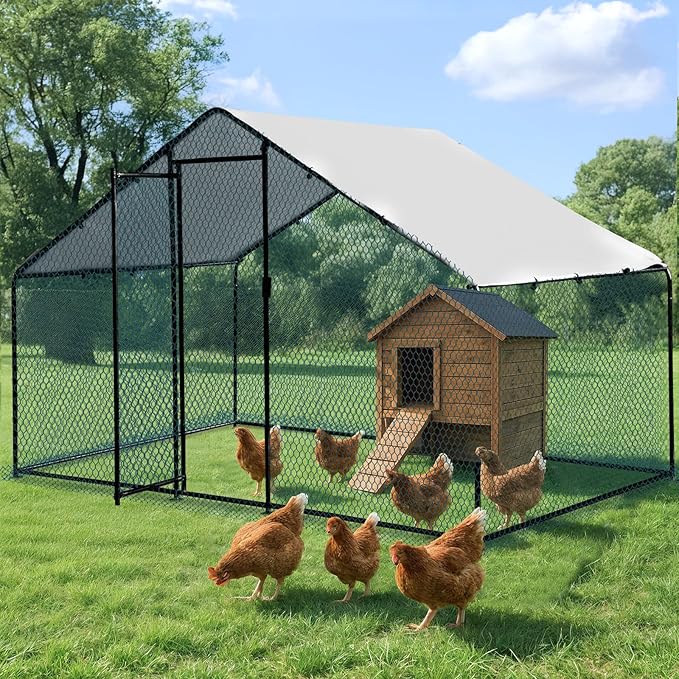 VINGLI Chicken Coop, 6.5 * 9.8 * 6.5 ft Large Metal Poultry Cage for Chicken Run, Walk-in Chicken Pen with Waterproof & Anti-UV Cover for Yard Outdoor (Black-Spire Roof)