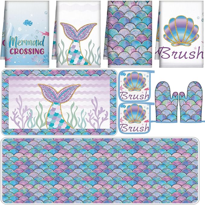 10 Pcs Mermaid Kitchen Dish Towels Rugs Oven Mitts and Pot Holders Set Farmhouse Kitchen Decor Set for Women Mom Daughter Gift Cooking Baking Grilling