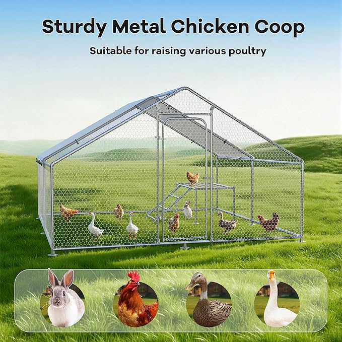 Large Metal Chicken Coop with Roosting Ladder, UV-Resistant and Waterproof Cover, Outdoor Walk-in Cage Hen House for Yard Farm Rabbit Duck Chicken Run, Spire Roof (13.1'W x 9.8'L x 6.4'H)