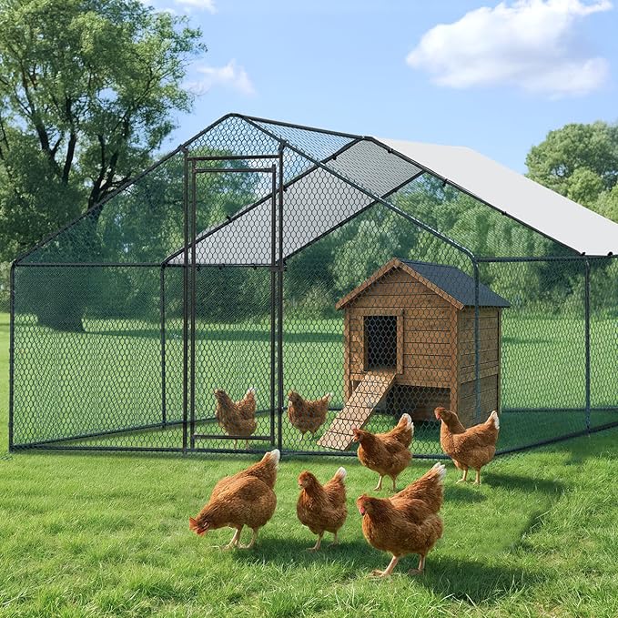 Outvita Chicken Coop, 13×10 FT Large Metal Chicken House, Poultry Habitat Cage with Waterproof Cover, Walk-in Chicken Run Pen for Small Animals Yard Farm Patio（Black Electrophoresis Process）