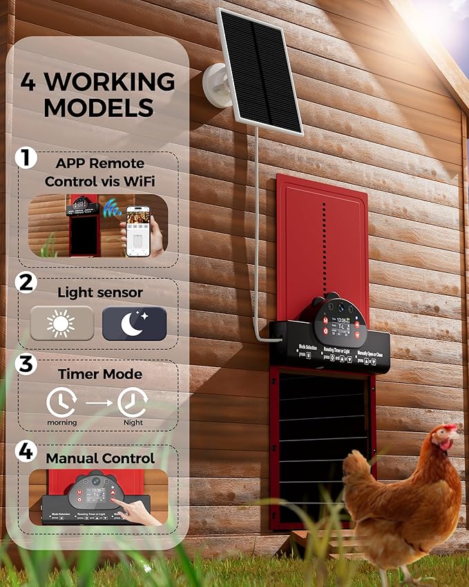 WiFi Automatic Chicken Coop Door with 2K HD Camera, Solar Powered Chicken Door with Anti-Pinch Function, Timer, Security Alarm, 9000mAh Battery, Chicken Coop Accessories