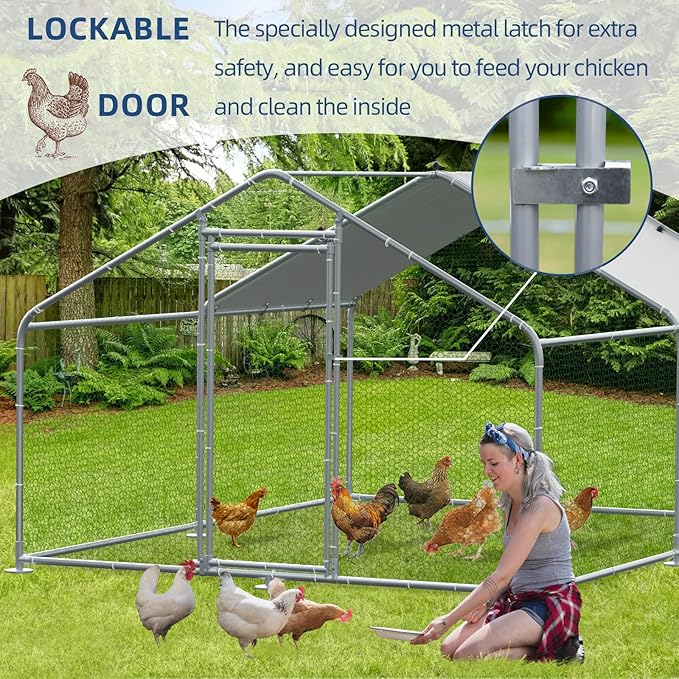 Outdoor Large Metal Chicken Coop Walk-in Poultry Cage Hen Run House Duck House Rabbits Habitat Cage Spire Shaped Coop with Waterproof and Anti-Ultraviolet Cover for Backyard Farm