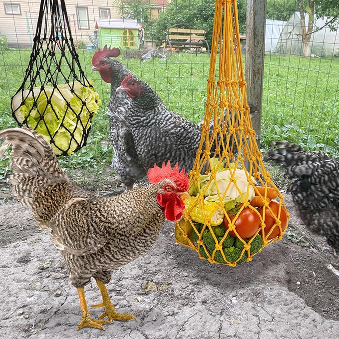 4Pcs Chicken Vegetable String Bag Poultry Fruit Holder Chicken Cabbage Feeder Treat Feeding Tool with Hook for Hens Chicken Coop Toy for Hen Goose Duck