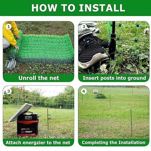Electric Fence Netting, 35.4" H x 164' L, Portable Livestock Nets with 14 Posts Double Spiked for Hog, Dogs, Deer, Goats, Electric Fencing for Backyards, Homesteaders, Farms, Ranches, Gardens