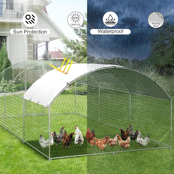 Large Metal Chicken Coop, Walk-in Poultry Cage, Chicken Run Pen House with Waterproof & Anti-Ultraviolet Cover Chicken Coop Run with Lockable Doors for Outdoor and Backyard 9.8 x 19.7X 6.6ft