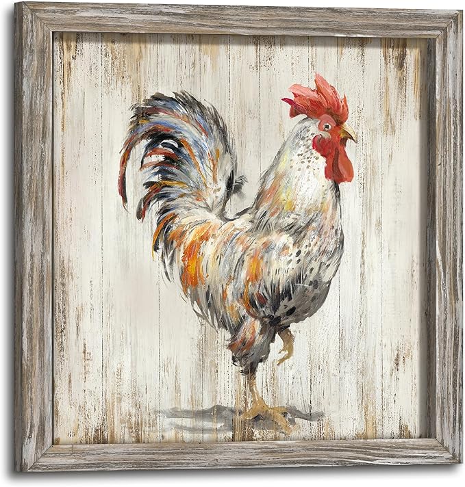 Rustic Farmhouse Wall Art Decor: Rooster Chicken Wood Picture Farm Animal Framed Artwork Painting Kitchen Country Countryside Print Decorations for Home Bedroom Dining Room 24 x 24 Inches