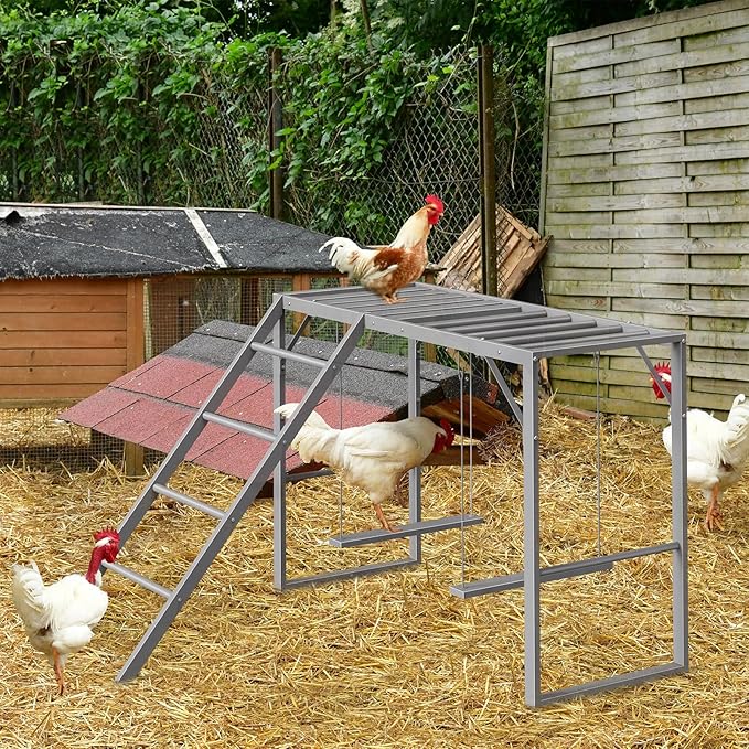 Chicken Perch Swing, Chicken Roosting Bars with Ladder for Coop, Metal Pet Swing Set for Pet's Healthy & Happy for 8-10 Chick, Grey