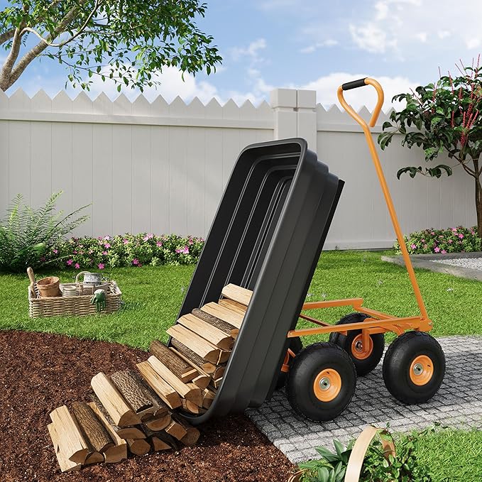 Heavy Duty Garden Dump Cart 1200 lbs, 6 Cu.Ft. Yard Wagon with Quick-Release Tipping, 13" All-Terrain Wheels, 4-Wheel Wheelbarrow for Outdoor Gardening, Farm – Black Bucket & Orange Iron Handle |