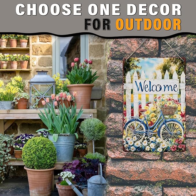 Spring Garden Vintage Tin Sign Bike Welcome Gardening Metal Sign for Home Garden Greenhouse Living Room Bedroom Outdoor Decor 8x12inch