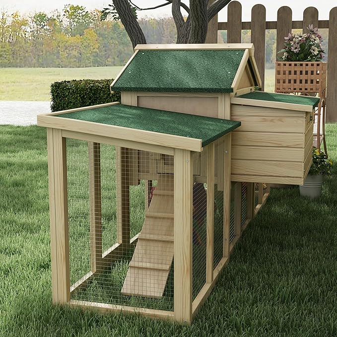 PawHut 80" Chicken Coop, Wooden Outdoor Chicken Cage Hen House with Nesting Box, Double Runs, Removable Tray, Ramps, for Backyard