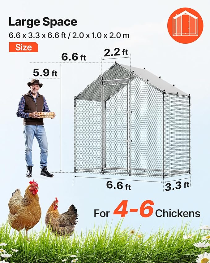 VEVOR Large Metal Chicken Coop,6.6 x 3.3 x 6.6 ft, Walk-in Chicken Run House with Waterproof Cover & Sturdy Frame, Spire Roof Poultry Cage Duck Pen for Rabbit Hen Goose Outdoor Backyard Farm Use