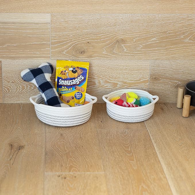NaturalCozy 5-Piece Round Small Woven Baskets Set– Cotton Rope Baskets for Organizing! Montessori Toys, Fruits Remotes Key Tray Bowl for Entryway Desk, Shallow Catchall Home Décor, Cat Dog Bin Gift
