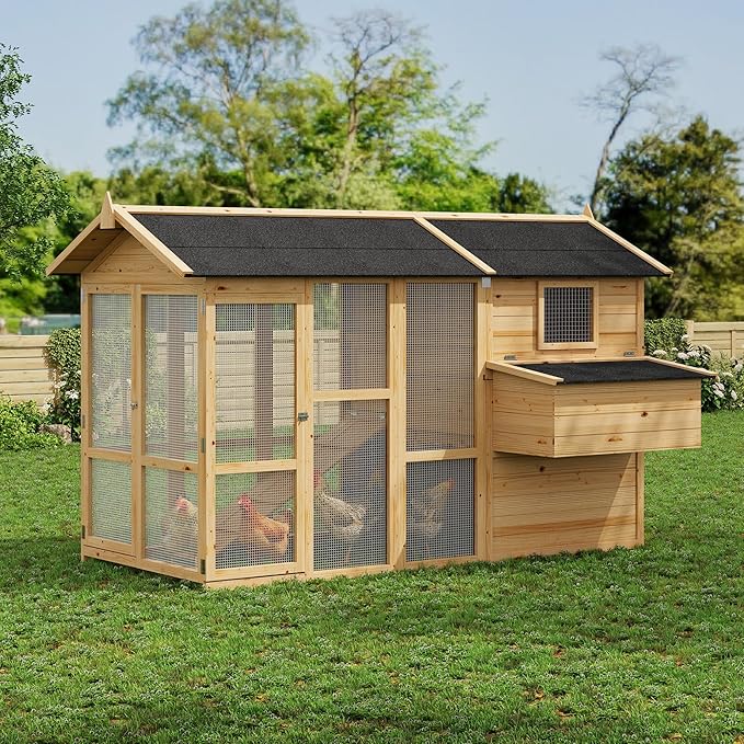 GAOMON Large Outdoor Chicken Coop for 4-6 Chickens Wooden Hen House Poultry Pet Hutch Run Cage w/Waterproof Asphalt Roof, Ramp, Nesting Box, Wire Fence, Grey (80" x 35" x 54") (Natural)