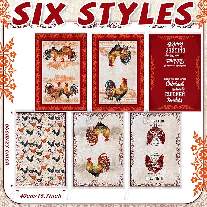 6 Pcs Chicken Kitchen Towels Funny Rooster Dish Towels Christian Farmhouse Dishcloths Vintage Hand Clothes Rustic Chicken Dry Cloth for Spring Easter Bathroom Decor Housewarming Gift