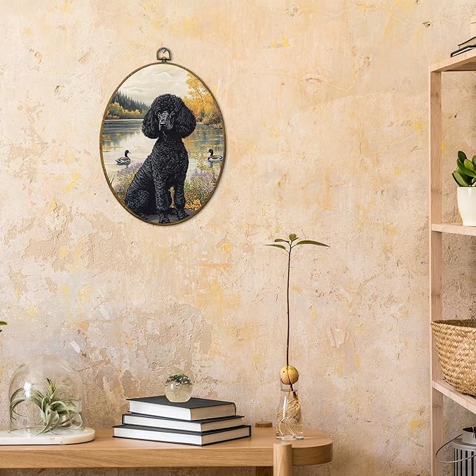 CUANFDDSF Vintage Black Poodle Oval Wall Art Decor, Poodle Gifts for Women Wall Hanging Decor, Cottage Core Farmhouse Lakeside Dog Duck Framed Canvas Prints for Home Bedroom Living Room, 8.6x11.4 Inch