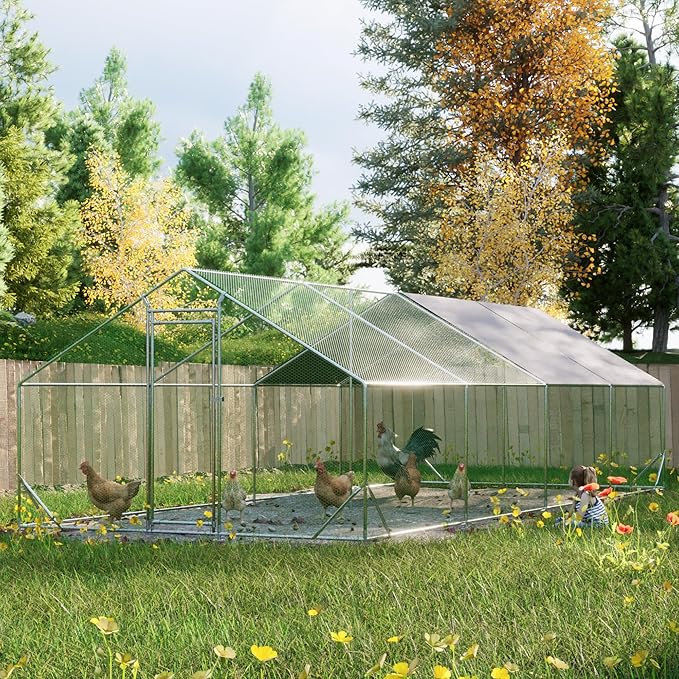 Large Chicken Coop,Metal Chicken Run for Yard with Door,Outdoor Galvanized Wire Poultry Chicken House with Waterproof and Anti-UV Cover,Duck Rabbit Cage (10' L x 26' W x 6.56' H)