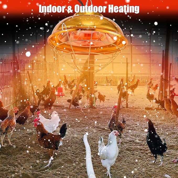 Chicken Coop Heater, 300W Heat Lamp for Chickens, Dual Temperature, Carbon Fiber Heating Coil, with Spare Heating Coil, Aluminum Alloy Shade & 6.6' Hanging Chain, Chicken Heat Lamp for Winter