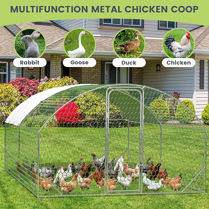 Large Metal Chicken Coop, Walk-in Poultry Cage, Large Chicken Run with Waterproof & Anti-UV Cover, Chicken Coop Run with Lockable Doors for Outdoor, 9.8 x 13.1 x 6.6FT