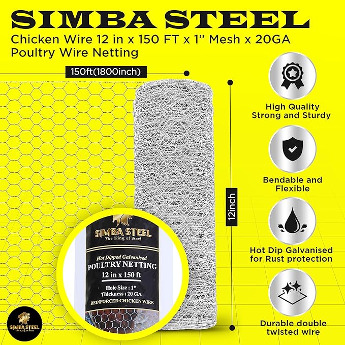 Chicken Wire 12 in x 150 FT x 1” Mesh x 20GA | Poultry Wire Netting | Hot Dipped Galvanized | Chicken Coop, Rabbit Cage, Fence Barrier (12 x 150 x 1)