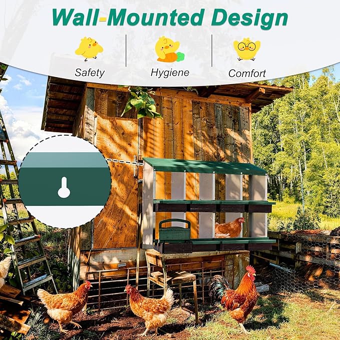 Chicken Nesting Box, 8 Compartments Metal Chicken Laying Boxes with Roll Out Egg Collection, Wooden Fake Eggs, Install Accessories and Gloves for Hens/Goose/Duck/Rabbit, Green