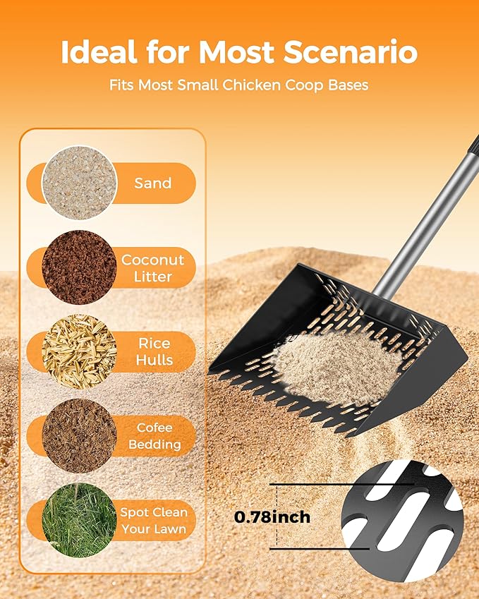 Chicken Poop Scooper & Rake 2-in-1, Adjustable Chicken Coop Pooper Shovel (35 to 62"), Sifting Litter Shovel Scoop for Chicken Coop/Goat Stall/Stable Cleaning Tool