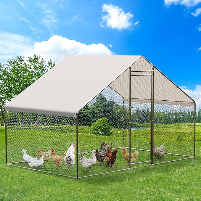 Large Metal Chicken Coop, Walk-in Poultry Cage, Chicken Run Pen House with Waterproof & Anti-Ultraviolet Cover Chicken Coop Run with Lockable Doors for Outdoor and Backyard 9.8 x 6.5X 6.5ft