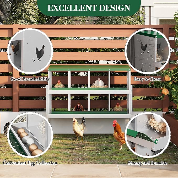 Metal Nesting Boxes for Chickens - 8 Compartments Chicken Roosting Boxes, Chicken Coop Nest Box with Legs, Perch & Lid - Versatile Wall Mount or Free Standing for Backyard Flock, Homestead, Farm
